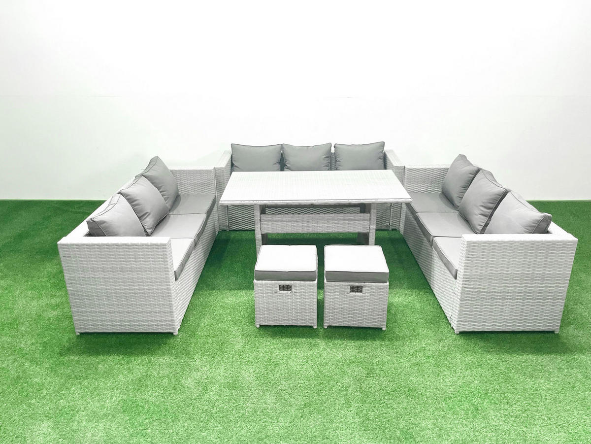 GARTENSET mit Esstisch,Sofa,2 Kleiner Fußhocker Polyrattan Hellgrau 11-Sitzer - Hellgrau/Grau, Glas/Kunststoff - Fimous