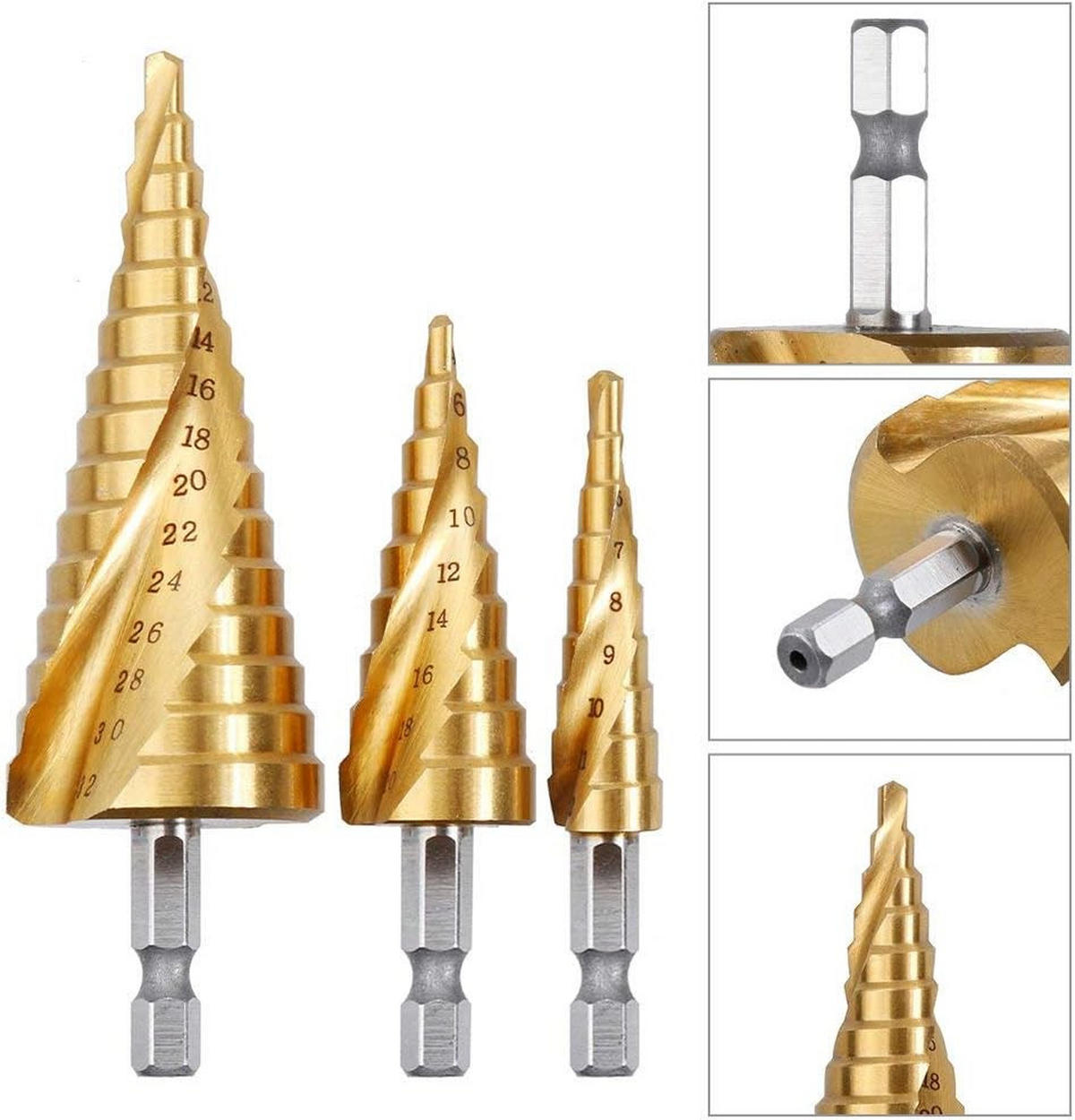 BOHRER - 3 Stück, Größen 4-12/20/32 mm, Sechskantschaft, zum Bohren von Schrauben in Stahl und Kunststoff. - Goldfarben, Metall (12/8/4cm) - DCA