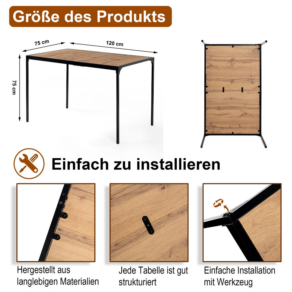 ESSTISCH 120/75/75 cm braun - Braun, Holz/Metall (120/75/75cm) - Urban Meuble