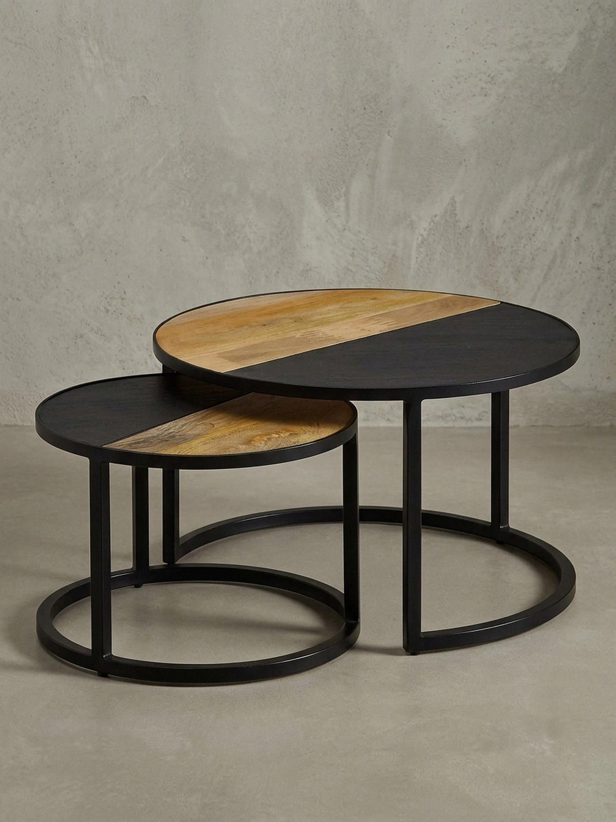 COUCHTISCH Set – Rund Mango Massivholz Steinoptik 2-teilig modern - Schwarz, Holz/Metall (60/60/36cm) - KADIMA DESIGN