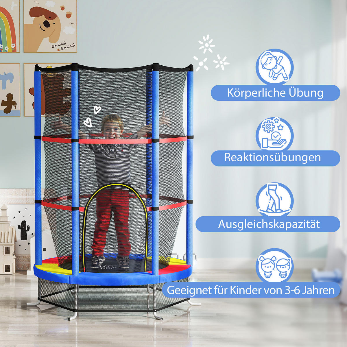 KINDER TRAMPOLIN, Mehrfarbig, Stahl, Kunststoff - Blau, Metall (140/140cm) - HOMCOM