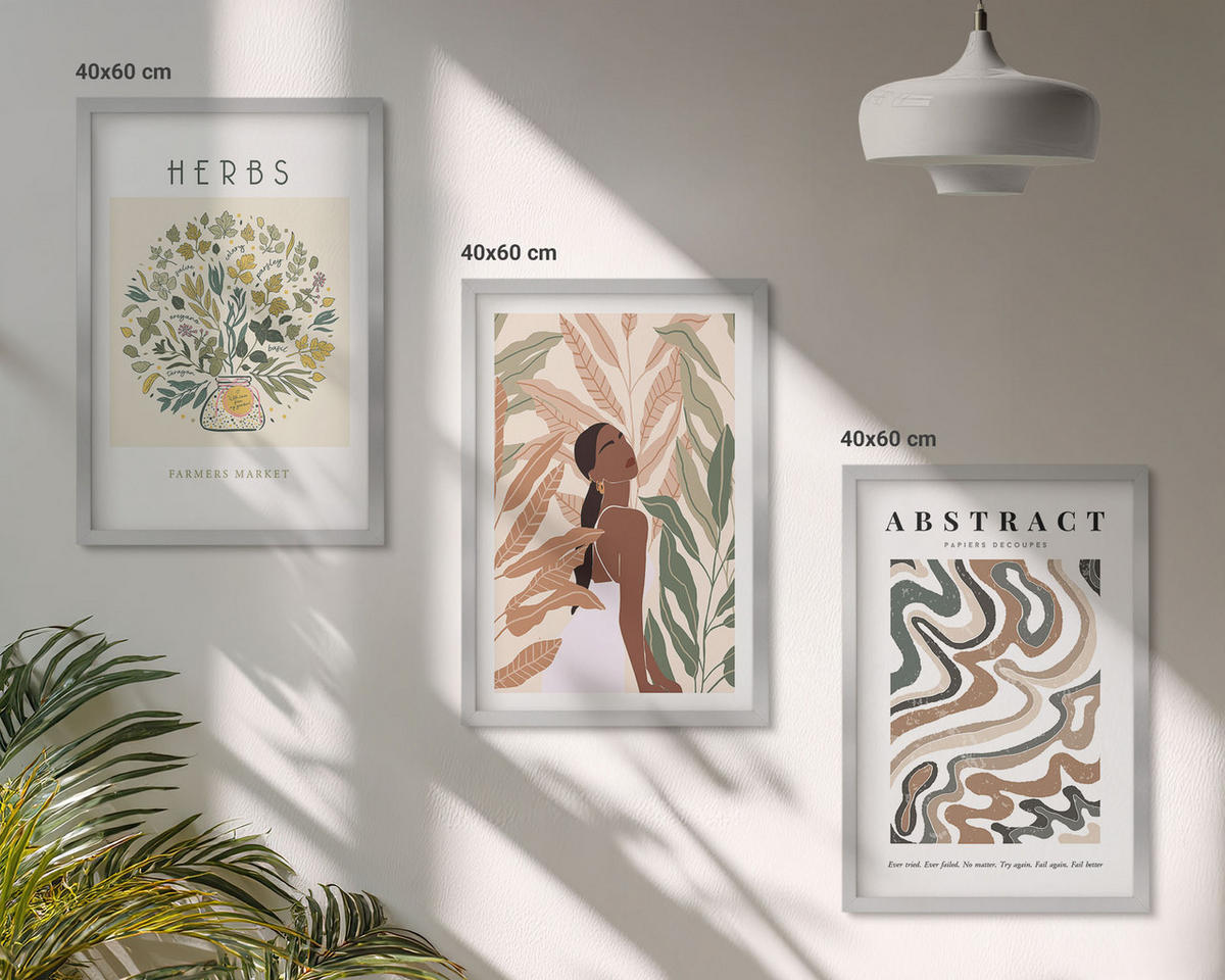 BILDER SET 3er Set - 40x60 cm Silberner Rahmen - Boho-Pastell-Minimalisten-Poster - Silberfarben, Kunststoff (40/60cm) - TULUP