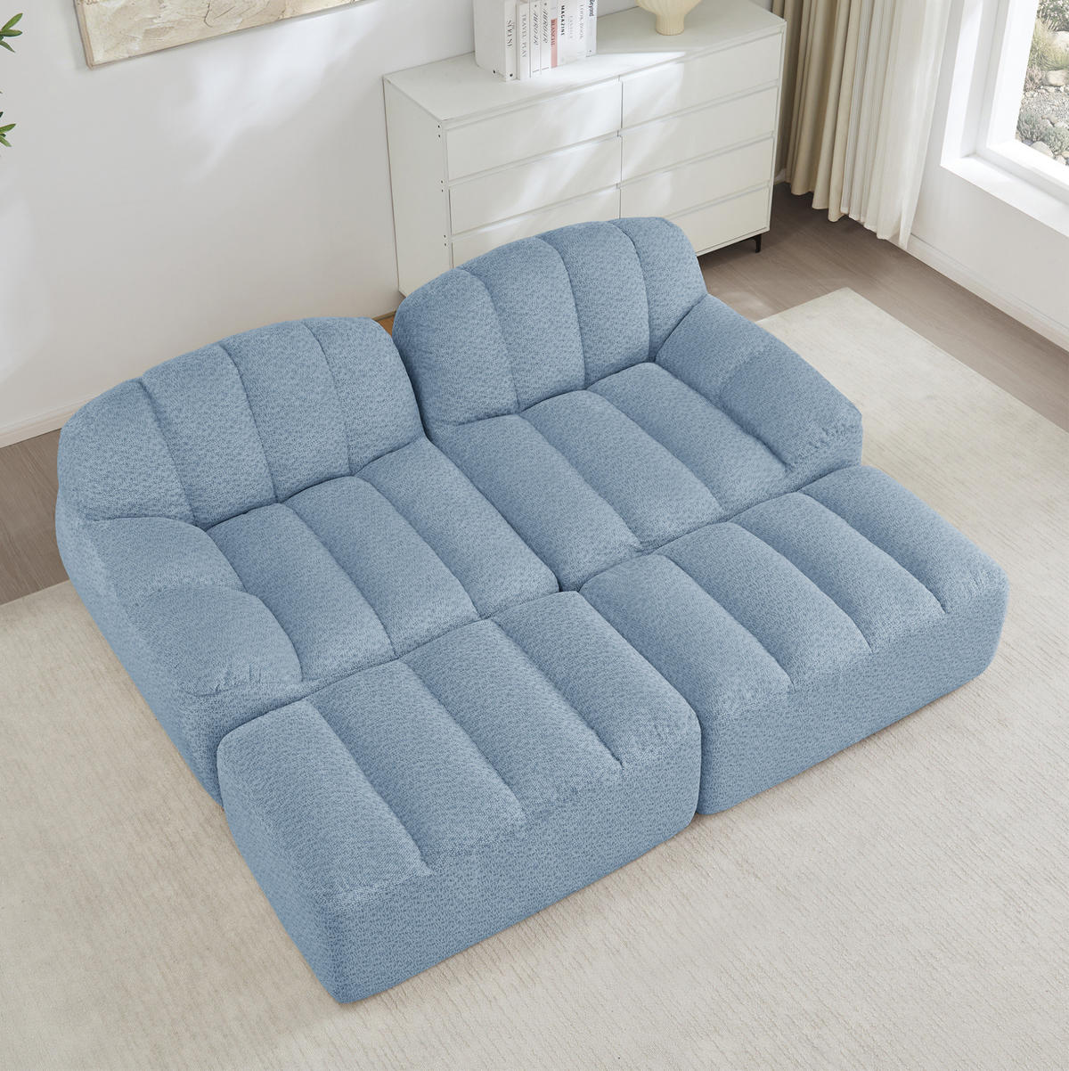 SOFA 210/165/79 cm in Blau aus Fleece mit Ottoman - Blau, Textil (165/79/210cm) - Flora Grace