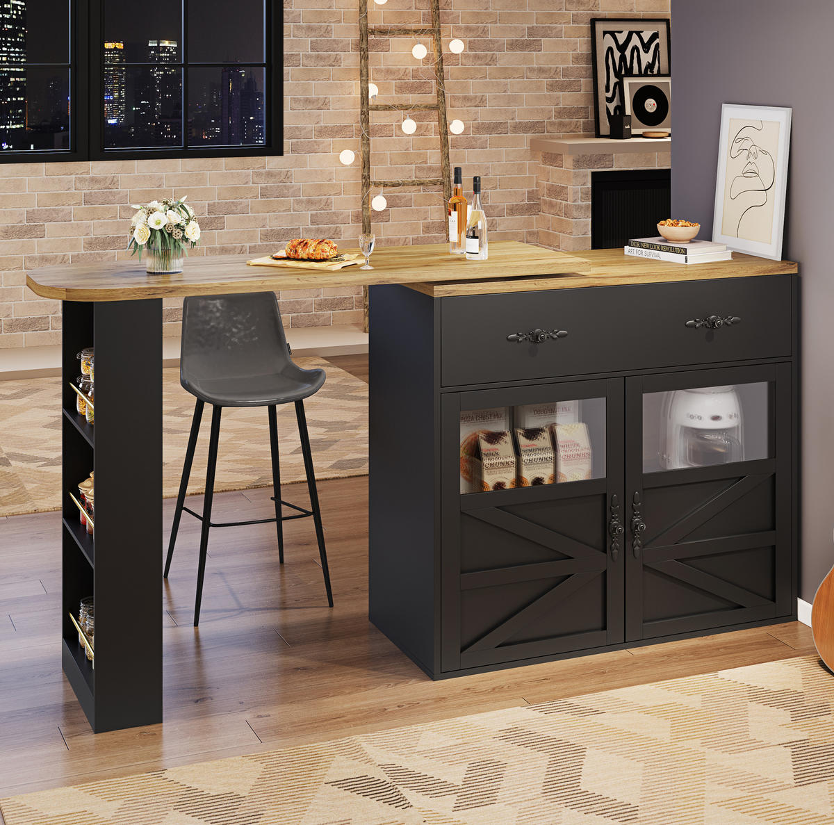 KÜCHENINSEL aus MDF 138-204x39x104cm in Schwarz mit 360° Drehfunktion - Schwarz, Holzwerkstoff (39/104/204cm) - Modfu
