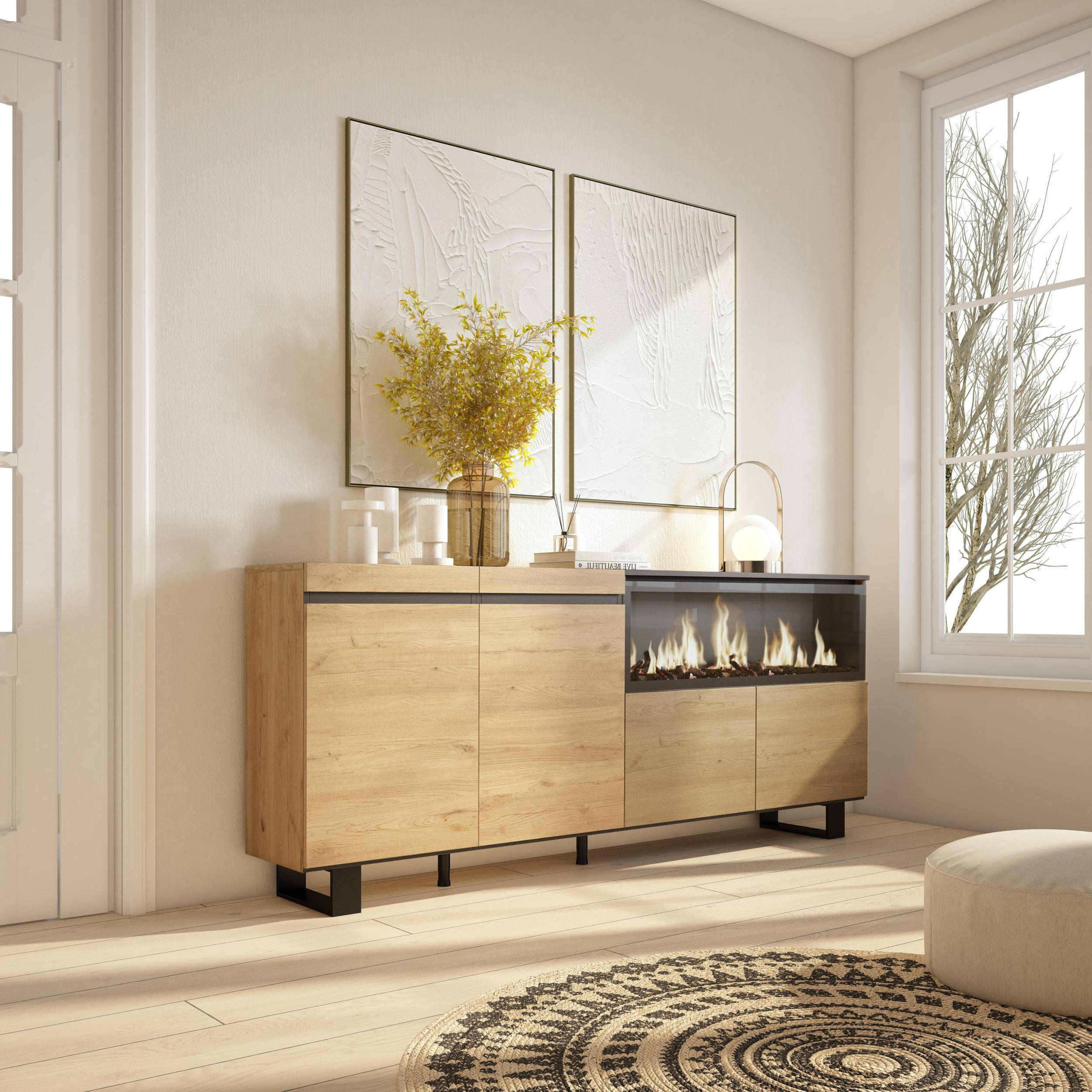 SIDEBOARD Highboard, Elektrokamin XXL, eiche, 208/35/87cm - Eichefarben/Beige, Holzwerkstoff (208/87/35cm) - Skraut Home