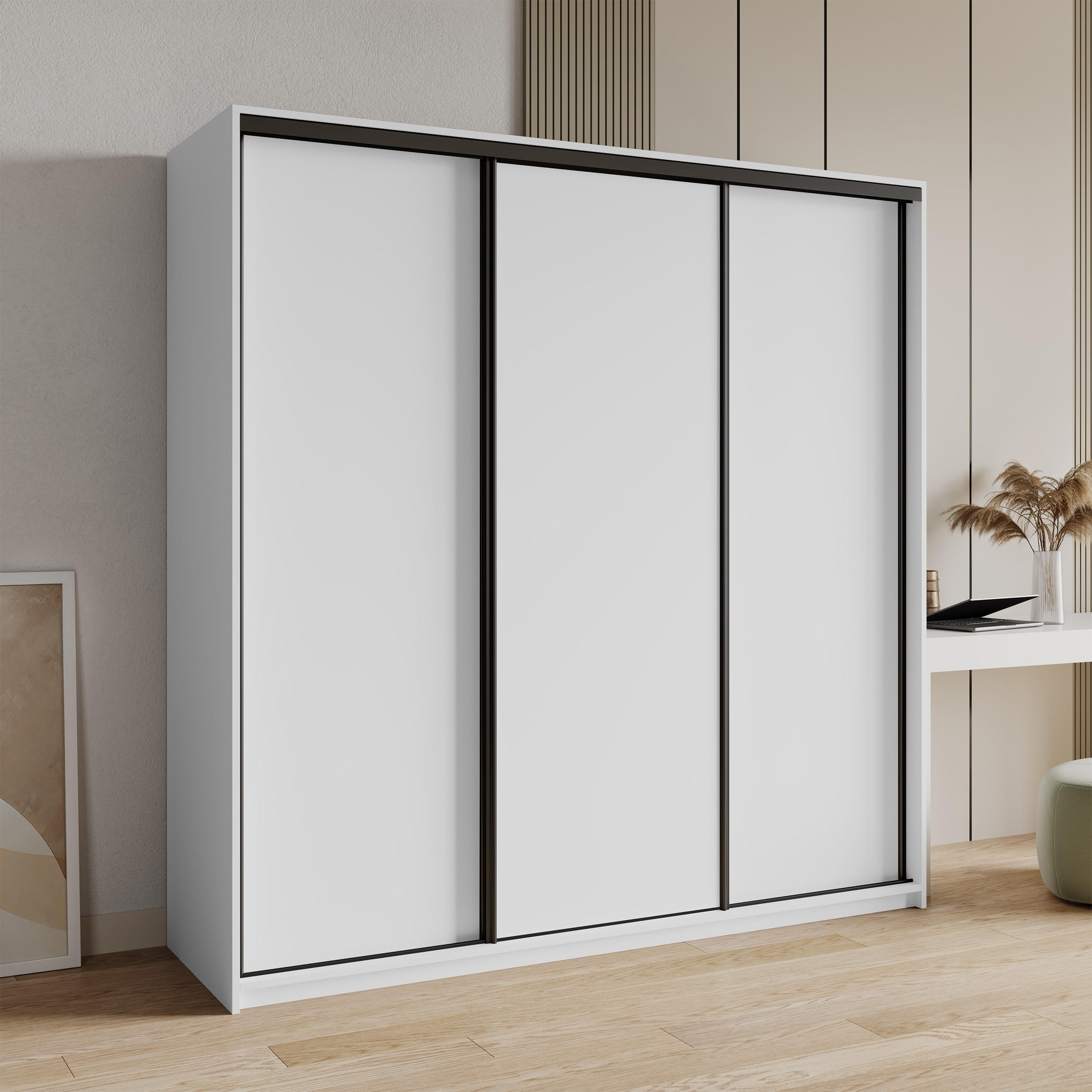 SCHWEBETÜRENSCHRANK NISSE 180/205/60 cm 3-türig mit Schubladen Weiß - Schwarz/Weiß, Holzwerkstoff (180/205/60cm) - MASSENO