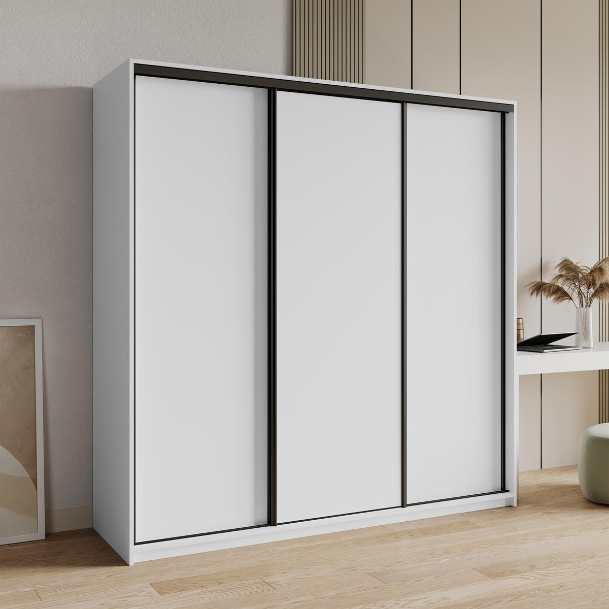SCHWEBETÜRENSCHRANK NISSE 180/205/60 cm 3-türig mit Schubladen Weiß - Schwarz/Weiß, Holzwerkstoff (180/205/60cm) - MASSENO