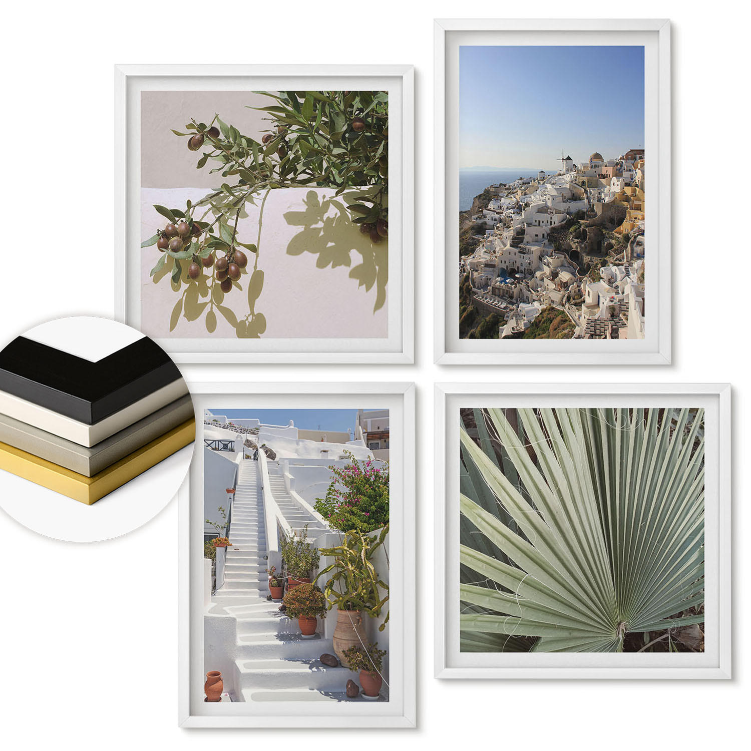WANDBILDER 4er-Set - 50x50 cm & 40x60 cm Weißer Rahmen - Weiße Treppe mit Blick auf Santorini - Weiß, Kunststoff (50/50cm) - ArtPrintCave