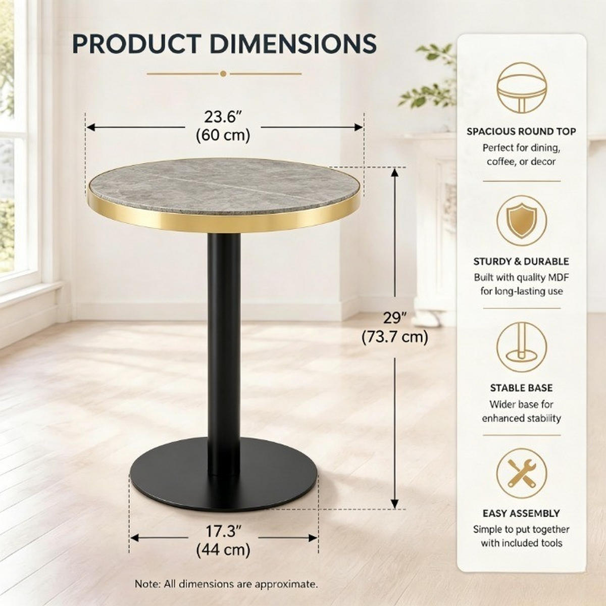 BEISTELLTISCH DE-37359 rund mit Marmoroptik und Goldrand Grau - Grau, Metall (60/60/74cm) - ComfortXL