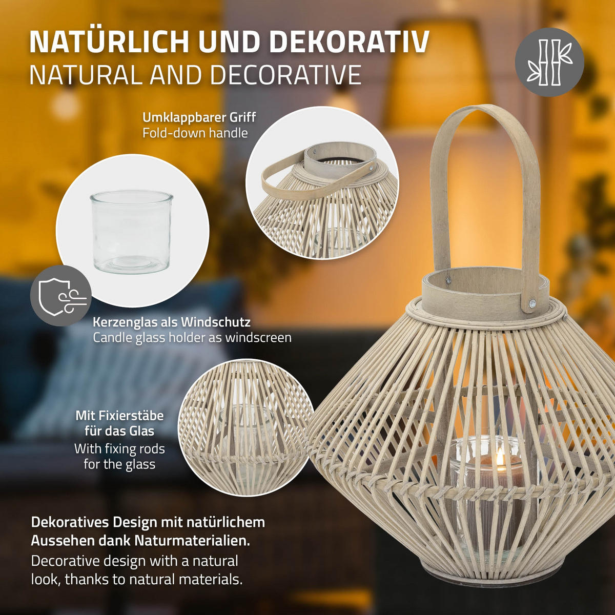 BAMBUSOVÁ LUCERNA V: 44 cm, barva dřeva, styl boho - přírodní, dřevo (35/44/35cm) - ECD-Germany