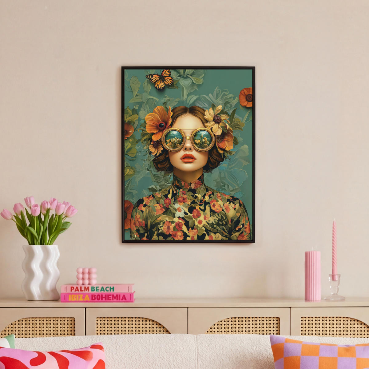 LEINWAND Bilder mit Rahmen - Frau - Blumen - Schmetterlinge - Natur - Vintage - 60x80 - Salbeigrün, Textil (60/80cm) - MuchoWow