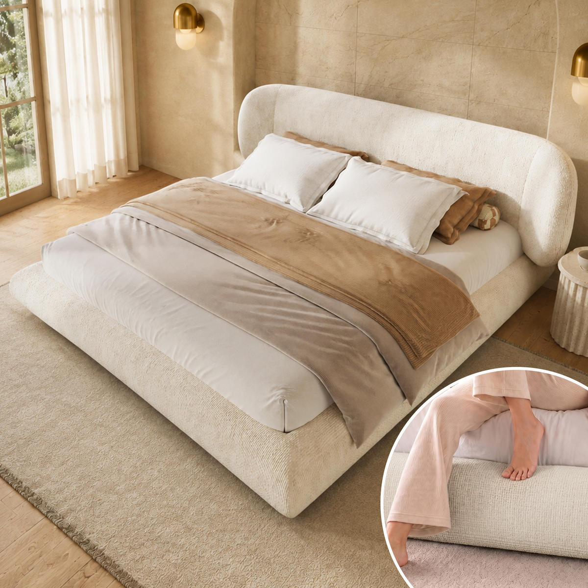 POLSTERBETT 160/200 mit gepolstertem Kopfteil und Lattenrost in Beige - Beige, Holzwerkstoff/Textil (160/200cm) - EVRYAE
