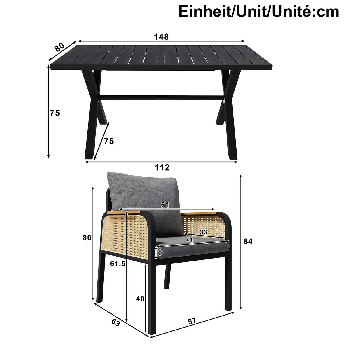 GARTENMÖBELSET 148/80/75 cm mit Tisch und 6 Stühlen, Rattan-Armlehnen und Polstern, Schwarz/Natur - Naturfarben, Metall - Redom