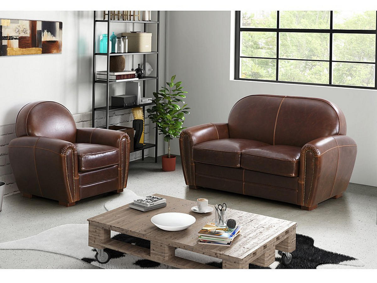 SOFAGARNITUR ohne Schlaffunktion - 3 -Sitzer - Spaltleder - schokoladenbraun - BAUDOIN - Braun, Leder (150/85/84cm) - Vente-Unique