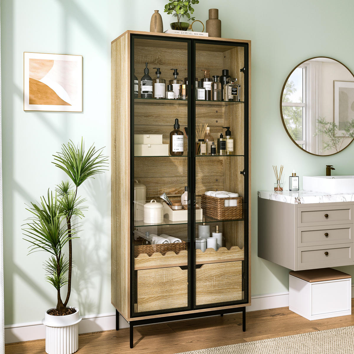 VITRINE in Naturfarben mit Glastür und Schublade für Wohnzimmer, B75/T35/H170,8 cm - Transparent/Naturfarben, Glas/Holzwerkstoff (75/170.8/35cm) - STILVORA