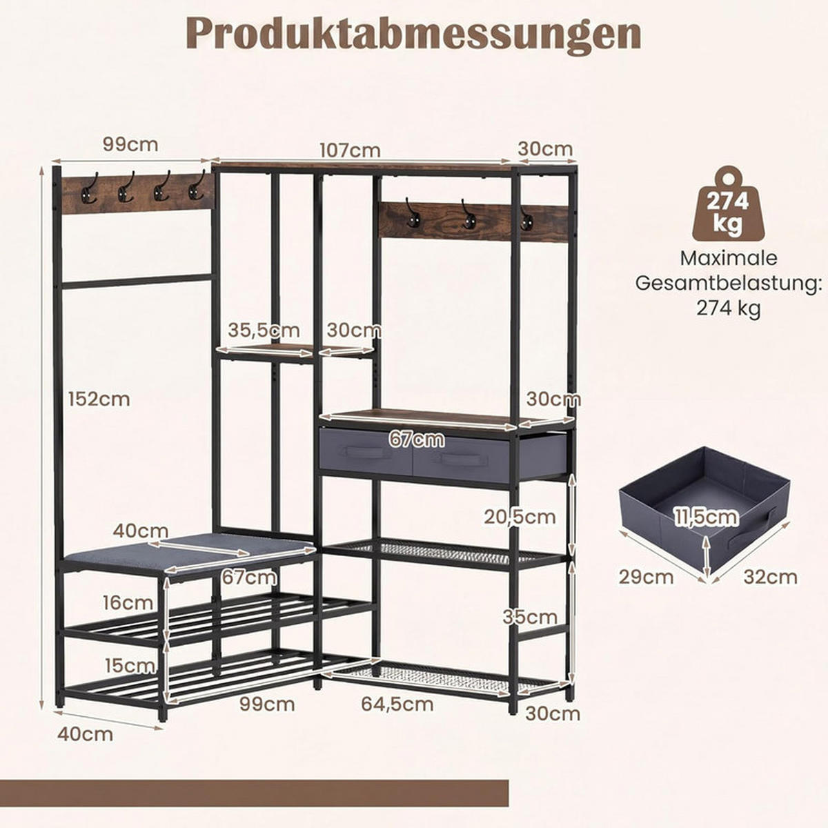 GARDEROBENSTÄNDER mit gepolsterter Sitzbank schwarz - Schwarz, Metall (107/152/99cm) - COSTWAY