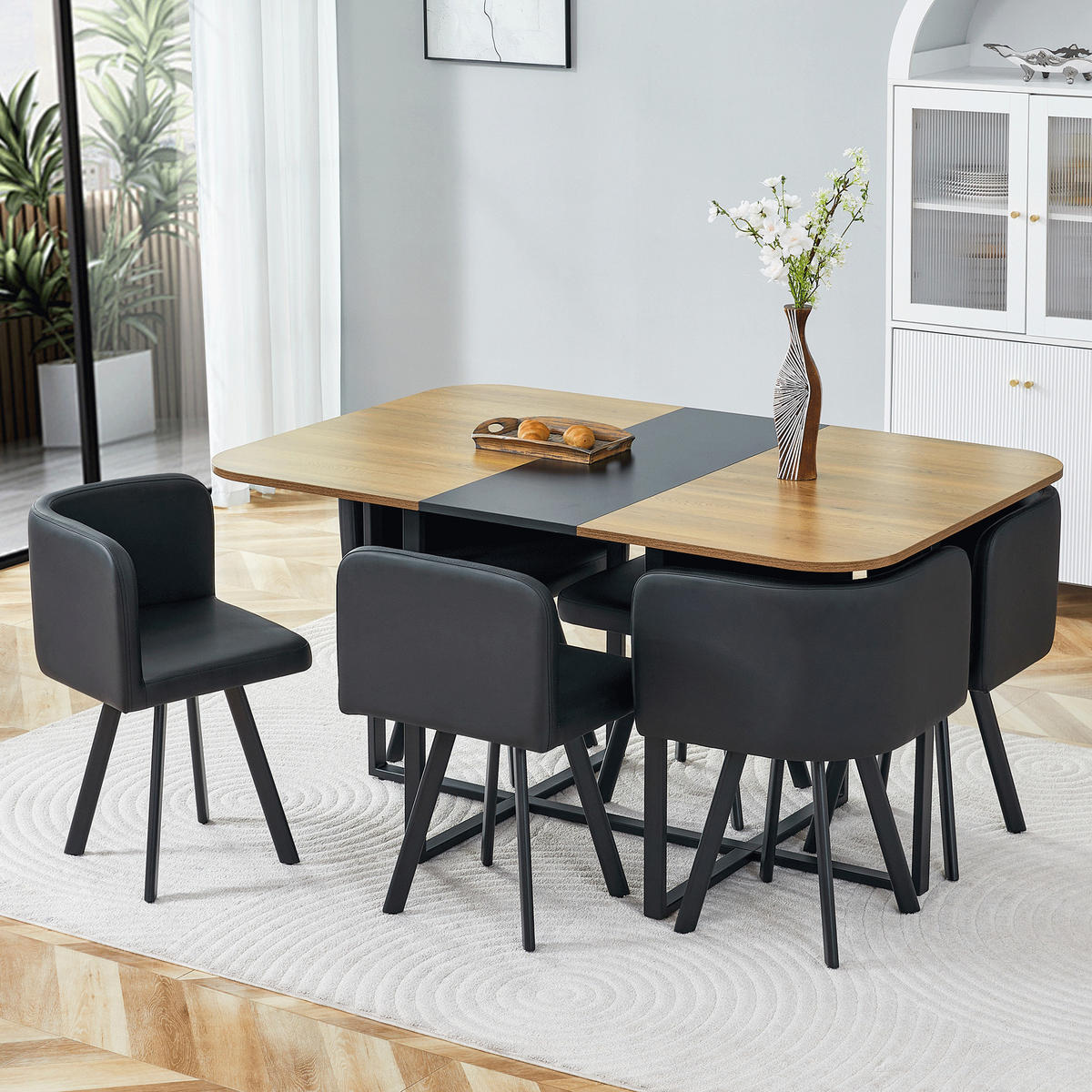 ESSGRUPPE DE-39496 ausziehbar, mit 4 Stühlen und Metallgestell Schwarz - Schwarz, Holzwerkstoff (150/79/100cm) - ComfortXL