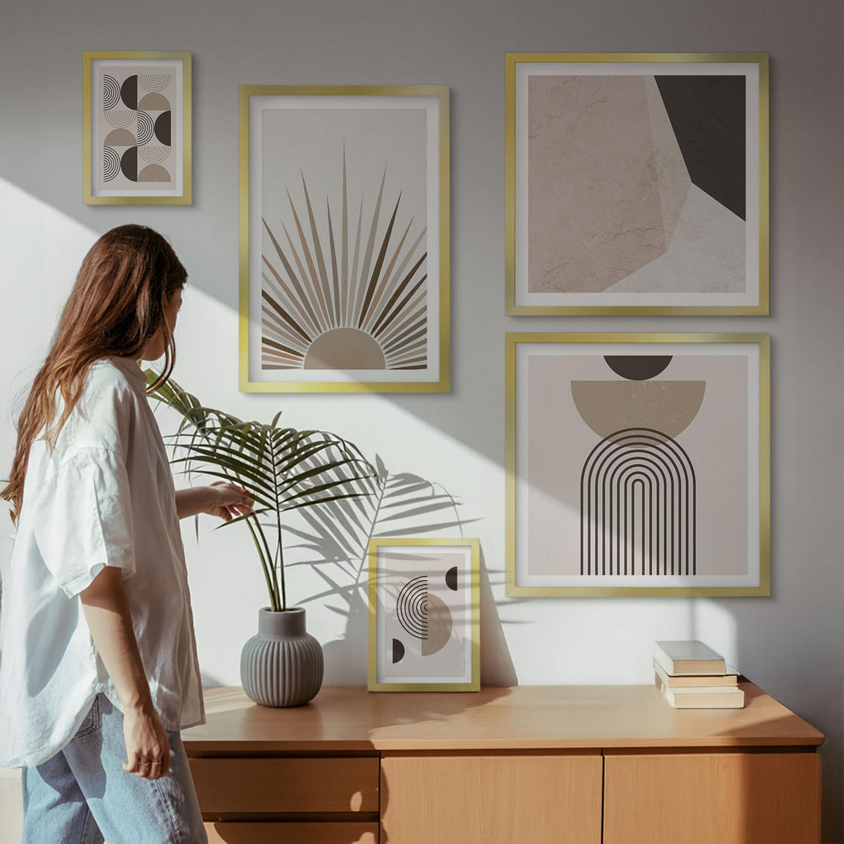 BILDER SET 5er Set - 50x50 cm & 20x30 cm & 40x60 cm Goldrahmen - Abstrakte beige und braune Formen - Goldfarben, Kunststoff (40/60cm) - TULUP