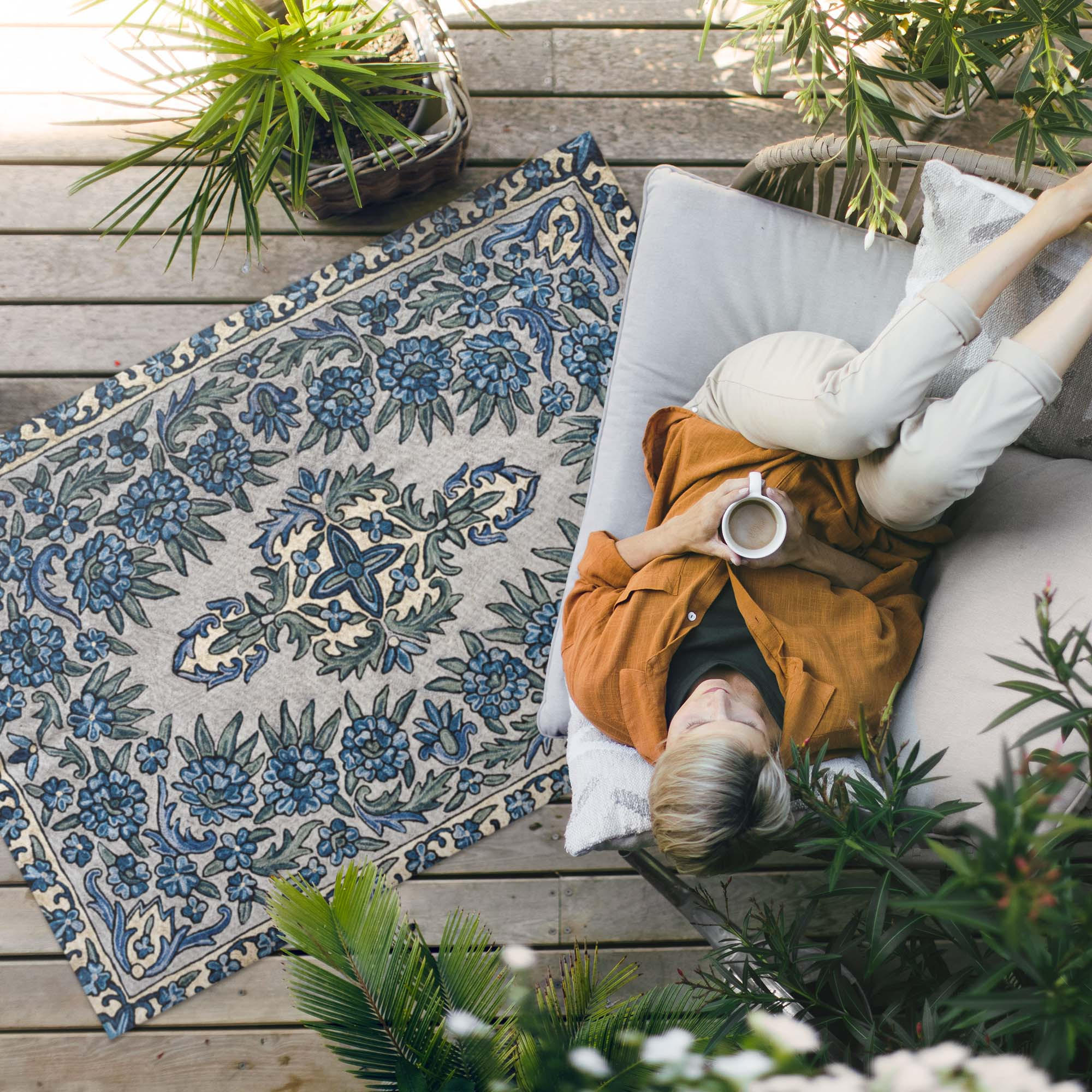 TEPPICH 150x225 cm Nepal Stickerei Pflanzendekor - Hellblau, Kunststoff (150/225cm) - Wallfluent