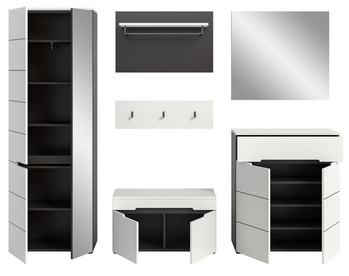 GARDEROBEN-SET 6-teilig in weiß, grau 255 cm, Komplettset mit Soft-Close, Cooper - Schwarz/Weiß, Glas/Holzwerkstoff (255/190/37cm) - Inn.Furn