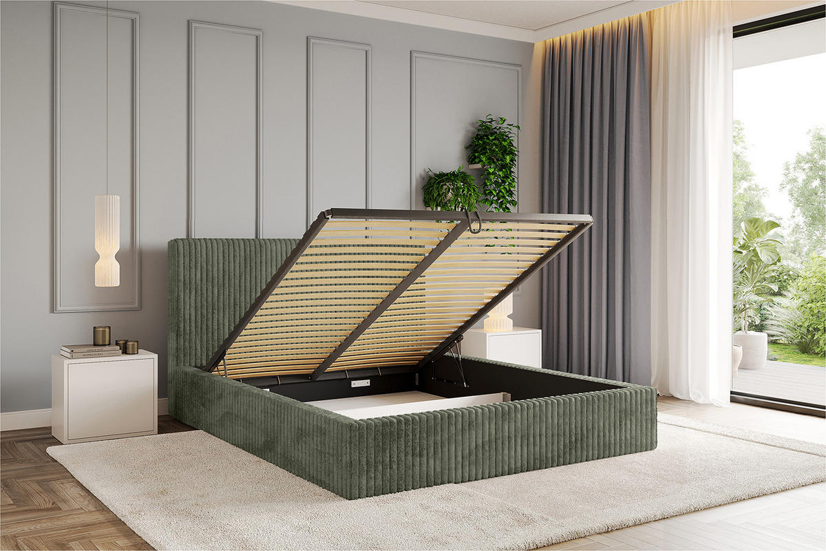 POLSTERBETT mit Bettkasten und Lattenrost, Boxbett ohne Matratze - ALOVA-V1 - Olivgrün, Holzwerkstoff/Textil (180/200cm) - ALTDECOR