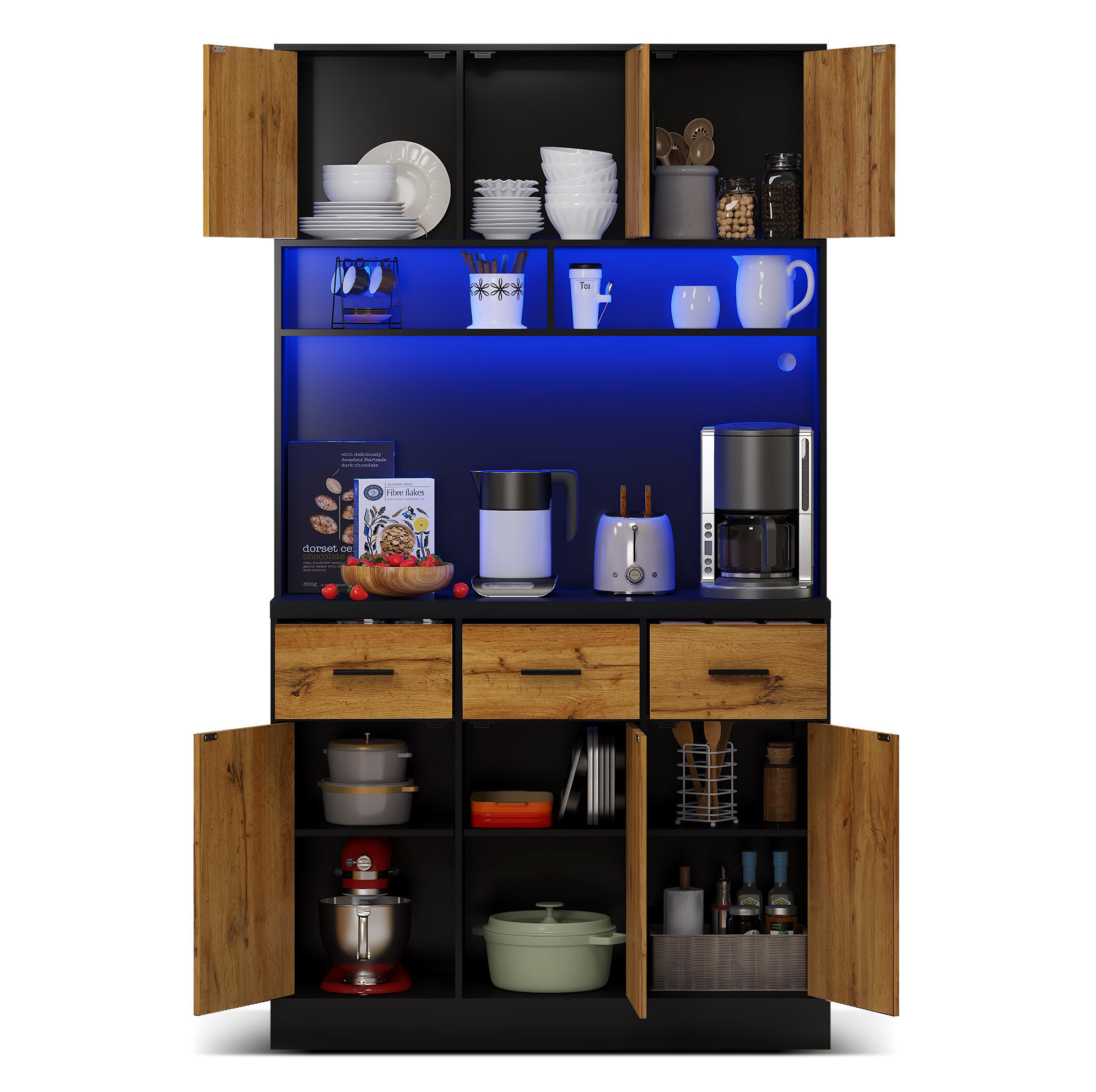BUFFETSCHRANK 100/40/180 cm schwarz/natur aus MDF mit LED - Schwarz, Holzwerkstoff (100/180/40cm) - OKWISH