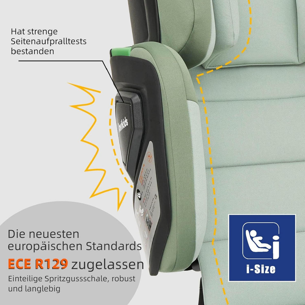 AUTOKINDERSITZ Faltbarer ISOFIX i-Size R129 verstellbare Rückenlehne - Grün, Textil (53/78/47cm) - BEXEVUE