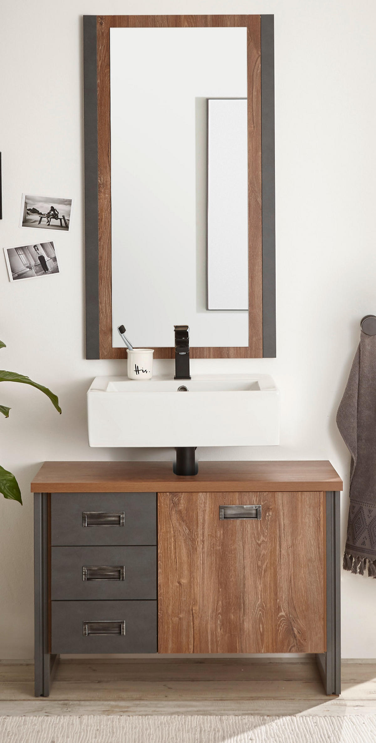 BADMÖBEL-SET 2-teilig Eiche Stirling, Matera grau, Badkombination Waschbeckenunterschrank, Spiegel 81 x 205 cm - Eichefarben/Grau, Holzwerkstoff (81/205/40cm)