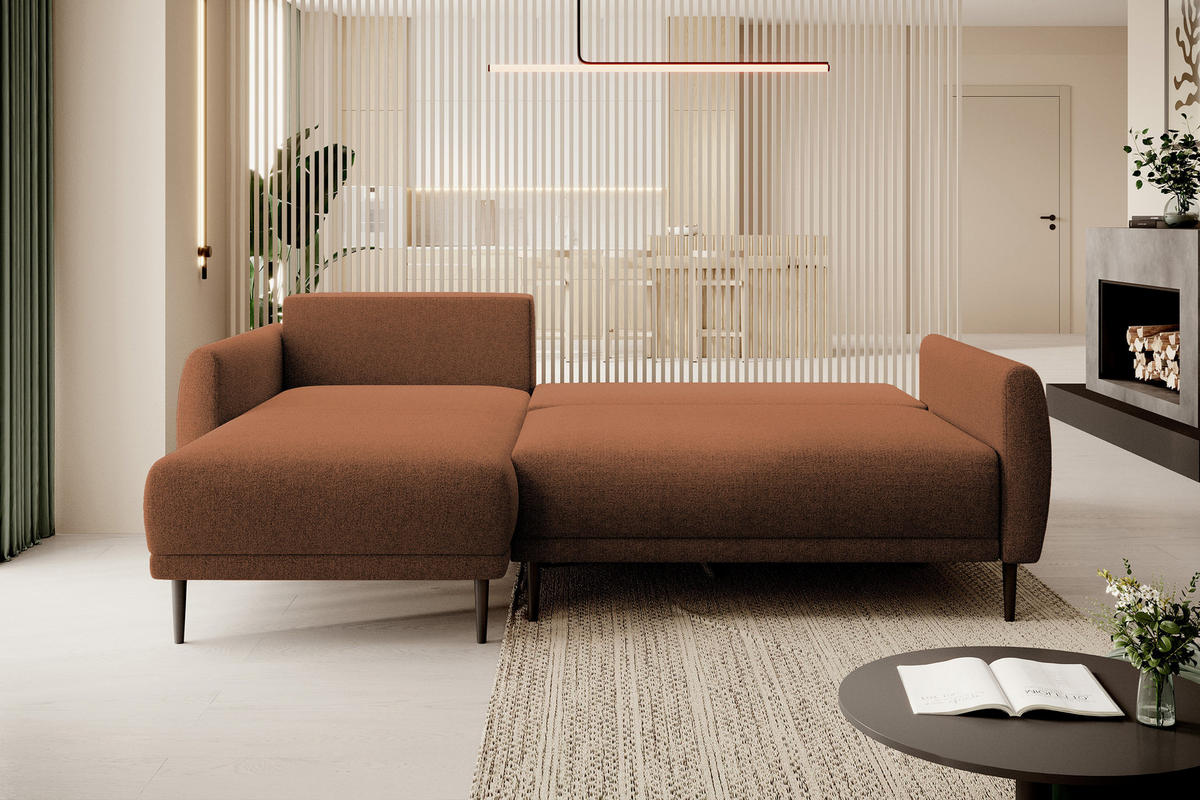 ECKSOFA BONO Stilvolles Sofa mit Schlaffunktion, Robuste Holzfüße, Elegante Armlehnen, Tiefe Sitzfläche 226x164x88cm, Linke, Braun - Braun, Holz/Textil (164/226cm) - DomoHome