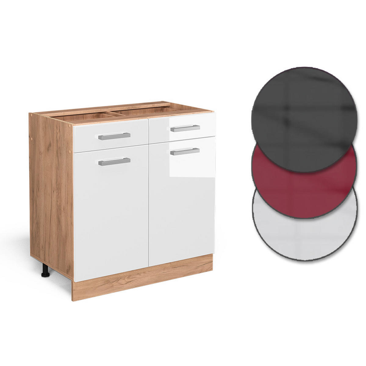 KÜCHENUNTERSCHRANK R-Line Weiß Hochglanz 80 cm AP Marmor - Weiß Hochglanz/Eiche Wotan, Holzwerkstoff (80/81.6/60cm) - Vicco