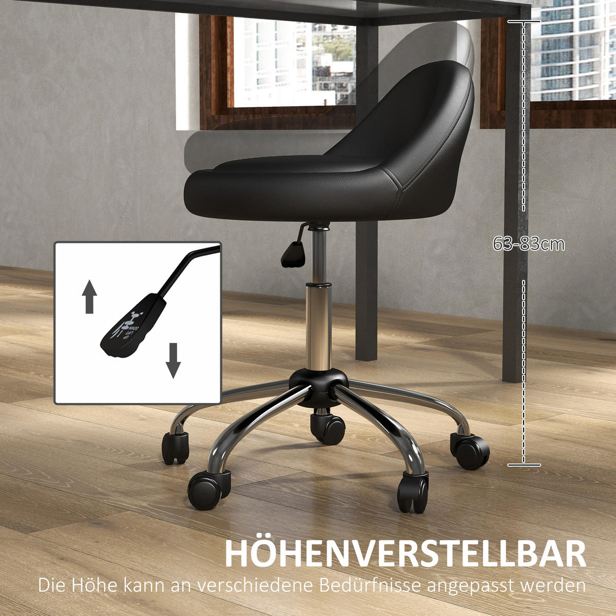ROLLHOCKER, Höhenverstellbarer, Schwarz - Schwarz, Leder (35/83/35cm) - HOMCOM