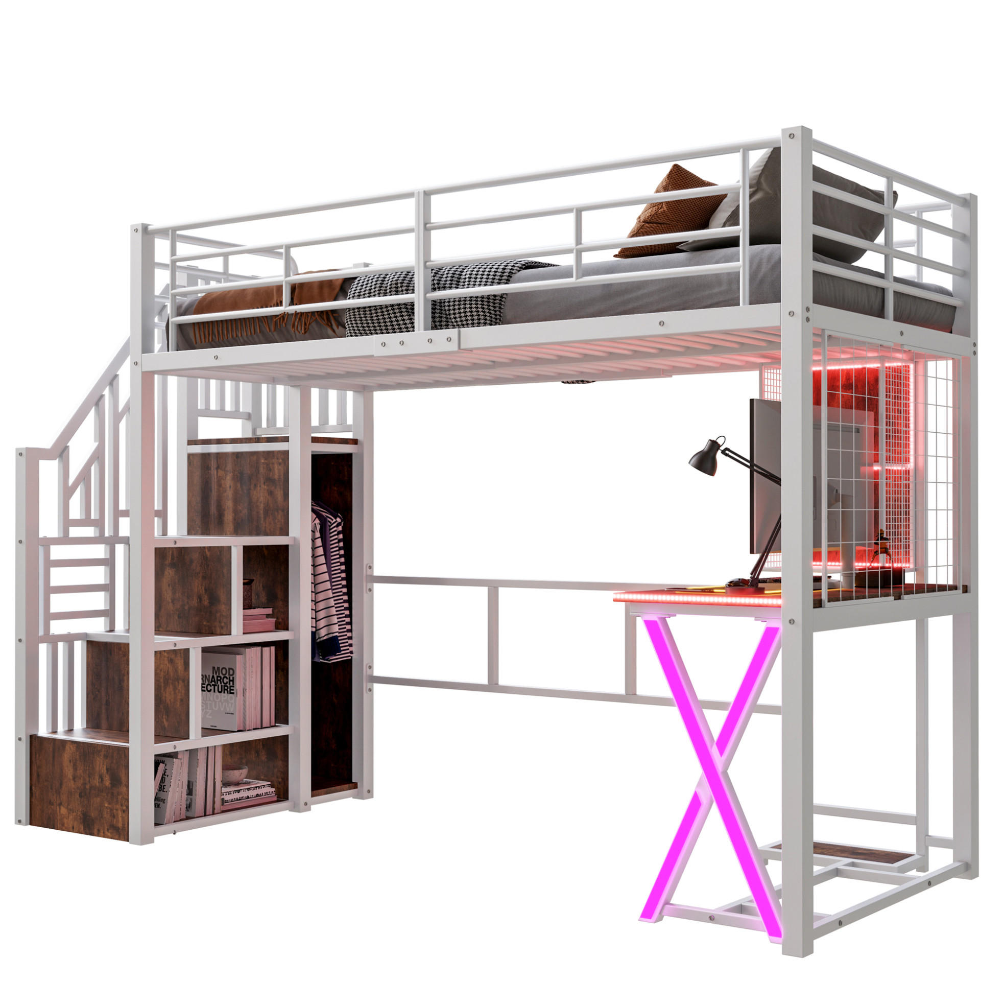 HOCHBETT 90/200 cm mit LED-Beleuchtung, Ablageleiter, Schreibtisch, Kleiderschrank und Regalen, Metall/MDF, Weiß - Weiß, Metall (90/200cm) - Redom