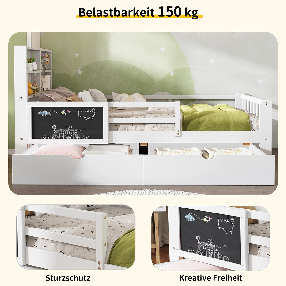KINDERBETT Liegefläche 90/200 cm in Weiß mit Schubladen und Sicherheitsleiste - Weiß, Holz (90/200cm) - BEAOK
