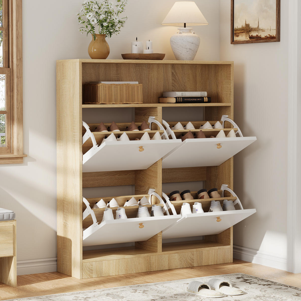 SCHUHSCHRANK aus Spanplatte 90x24x104,5cm in Natur mit 4 Klappen - Naturfarben, Holzwerkstoff (90/104.5/24cm) - Modfu