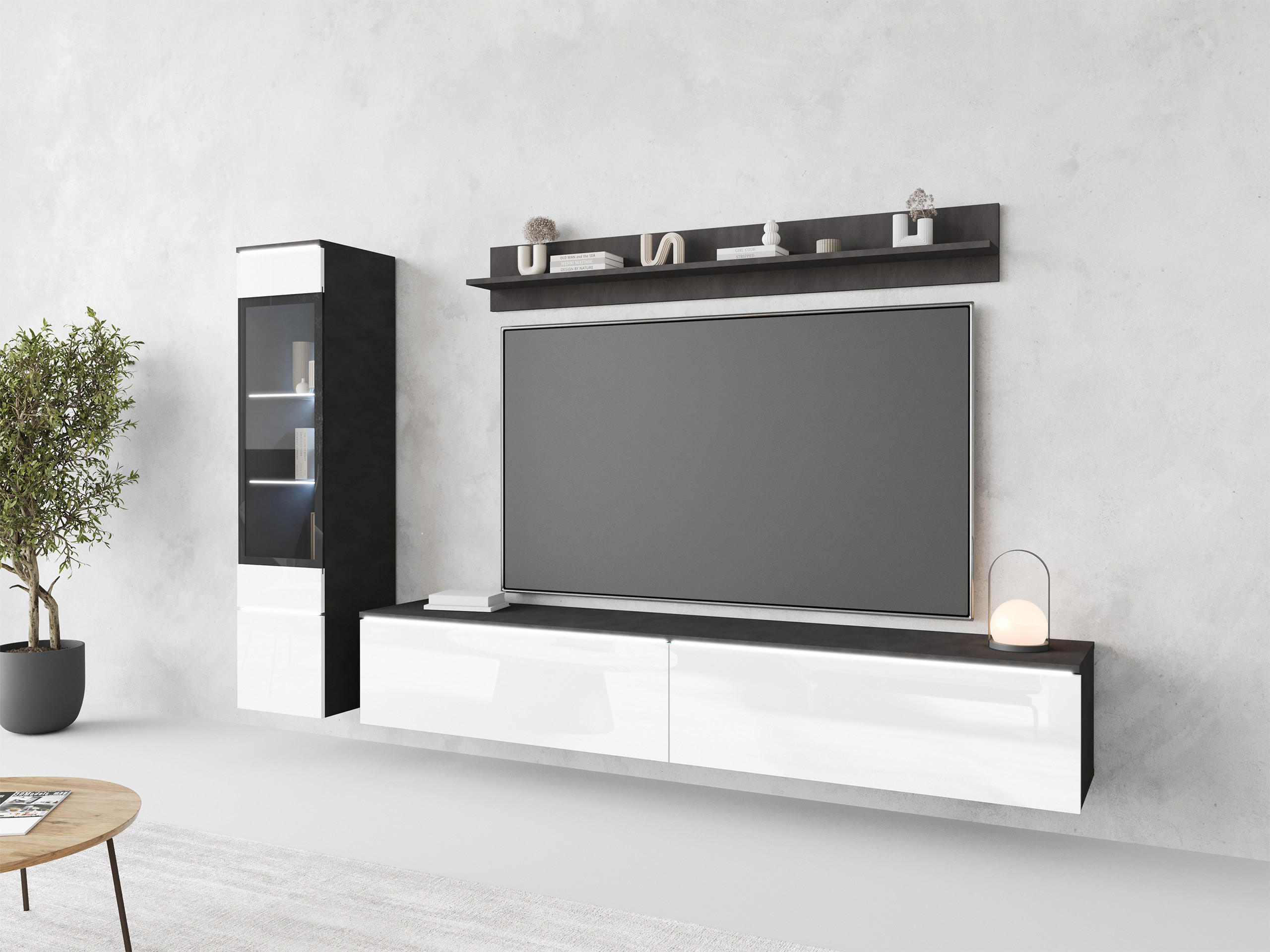 WOHNWAND Vera I mit weißer LED Beleuchtung - Silberfarben/Weiß, Holzwerkstoff/Kunststoff (33/30/180cm) - MIRJAN24