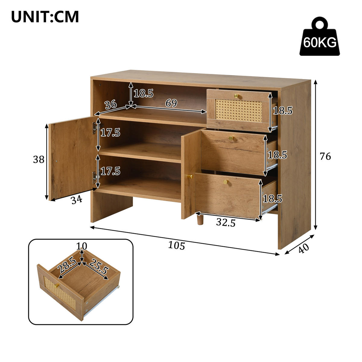 SIDEBOARD 105/40/76 cm mit 2 Türen, 3 Schubladen und offenem Fach in Rattan-Optik aus Spanplatte, Natur - Naturfarben, Holzwerkstoff (105/76/40cm) - Redom