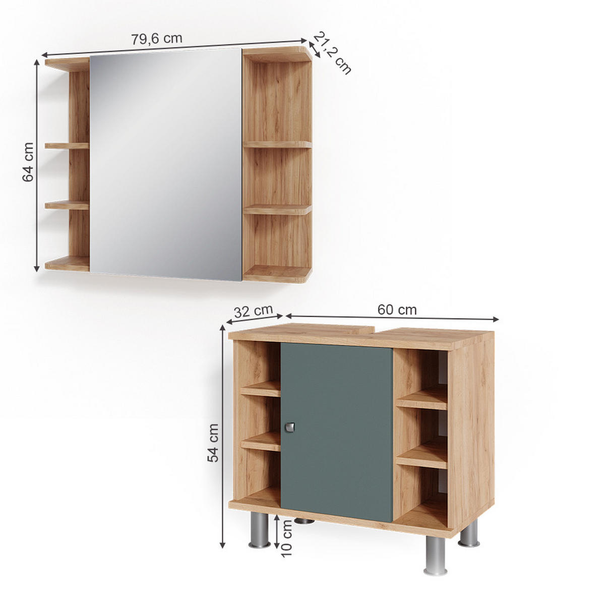 BADMÖBEL-SET Fynn Grün 2 Teile - Honigeiche/Grün, Holzwerkstoff (60/54/32cm) - Vicco