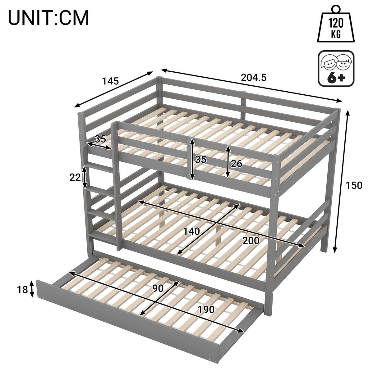 ETAGENBETT 140/200 cm aus Kiefernholz mit Ausziehbett und Treppe - Grau, Holz (140/200cm) - BEAOK
