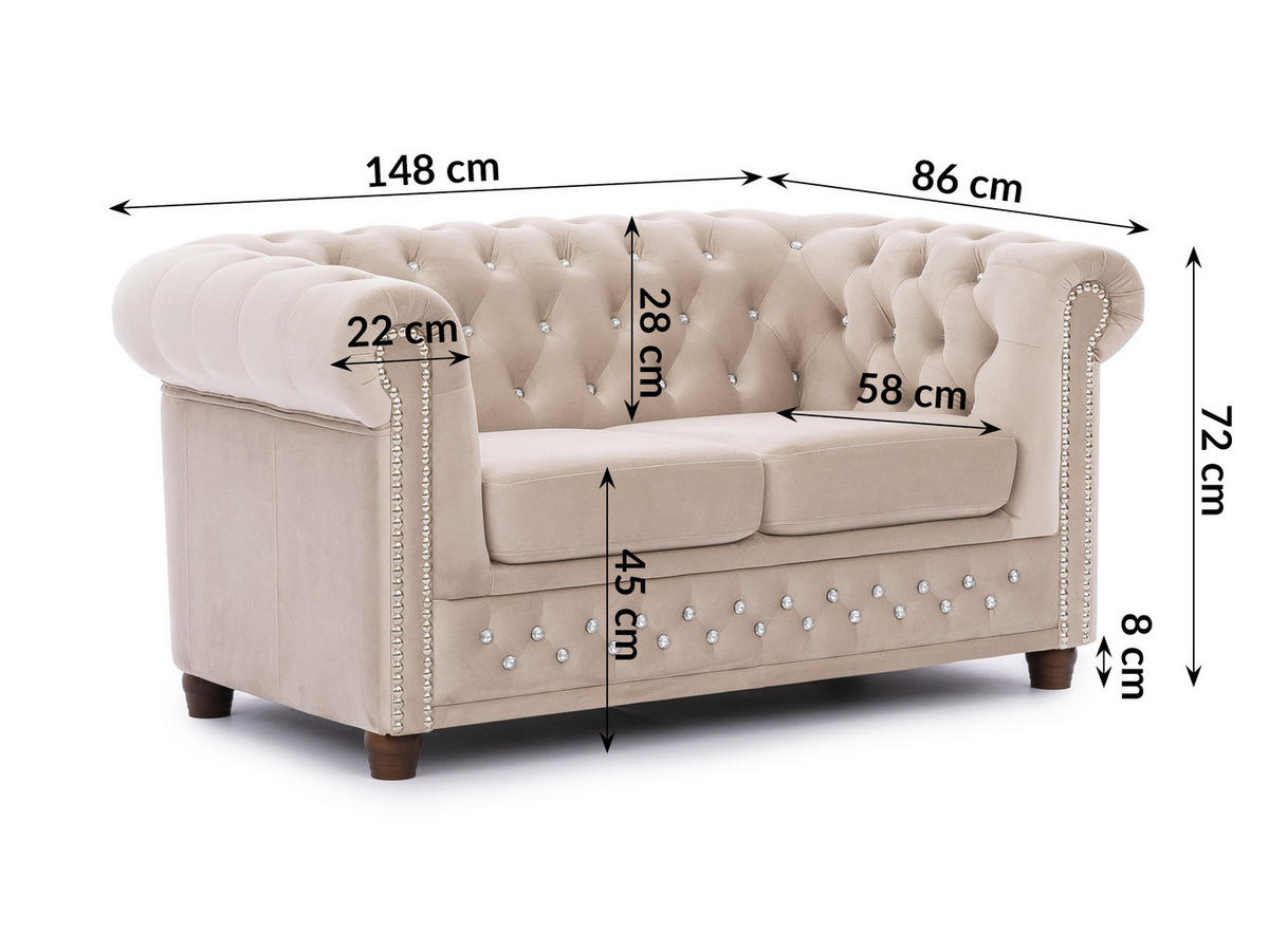 CHESTERFIELD-SOFA 2-sitzer Cleo Blink Beige Samt mit Kristallsteppung und braunen Massivholzfüßen - Beige/Braun, Holz/Textil (148/72/86cm) - S-Style Möbel