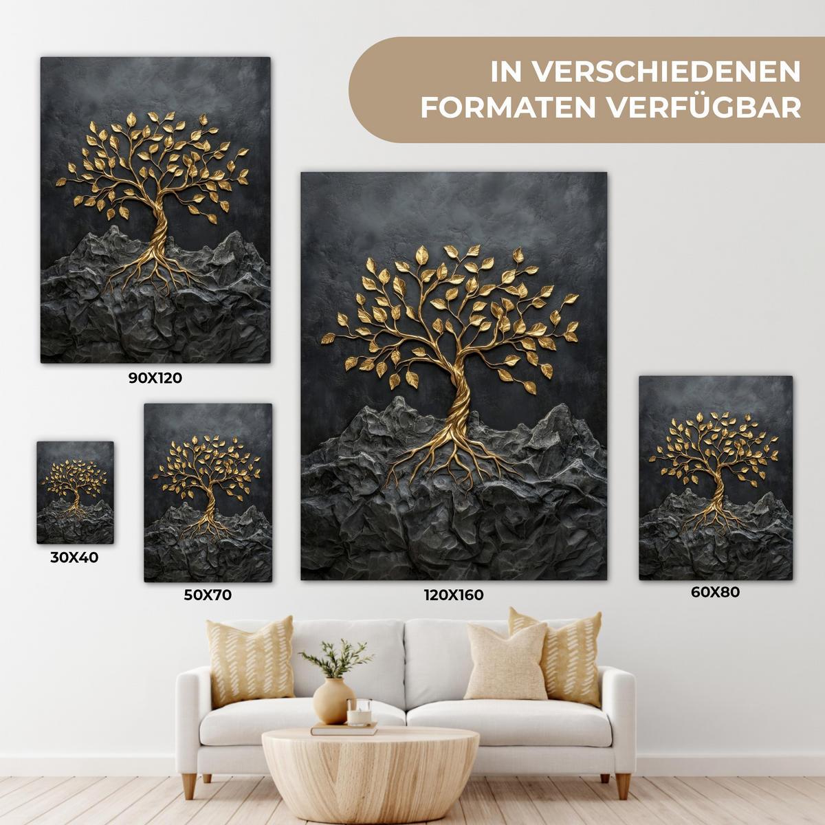 LEINWANDBILD Blätter - Gold - Baum - Fels Wandbild Wohnzimmer 60x80 cm - Schwarz, Textil (60/80cm) - MuchoWow