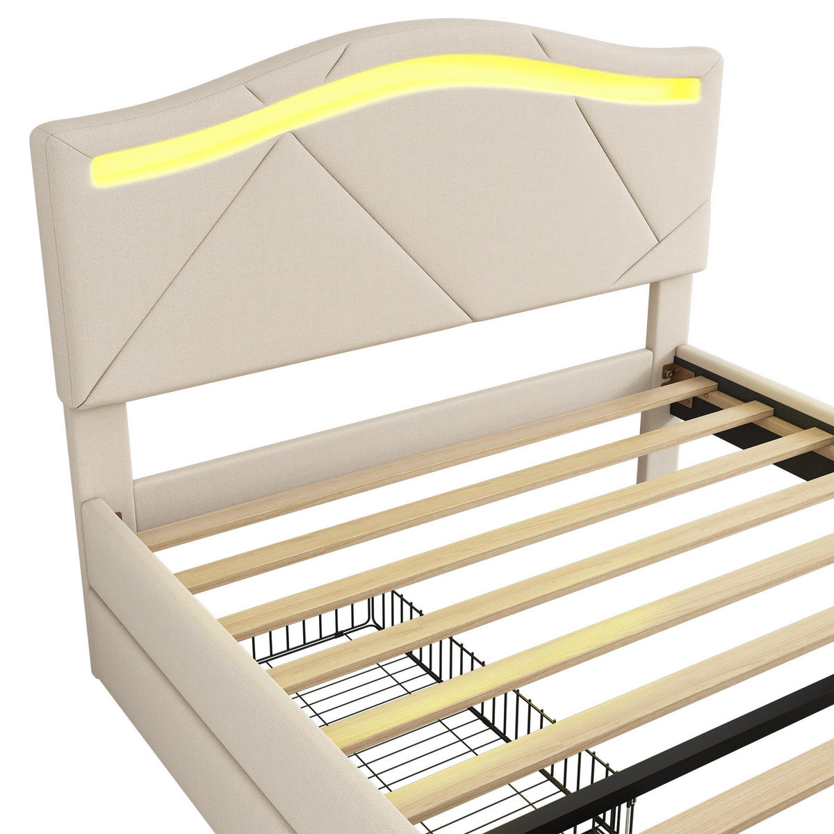 POLSTERBETT 90x200cm Beige Leinen Fernbedienung 2 Schubladen Kopfteil - Beige, Holz (90/200cm) - FLIEKS