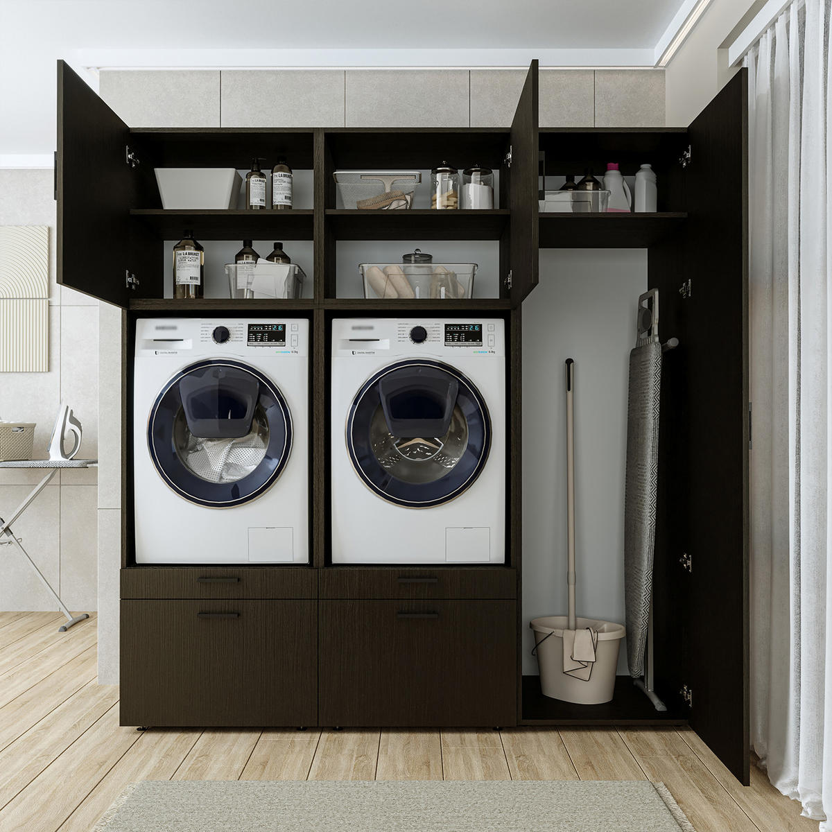 WASCHMASCHINENSCHRANK Serie 2 194cm Breit, 205cm Hoch - Schwarz, Holzwerkstoff (194/205/67cm)
