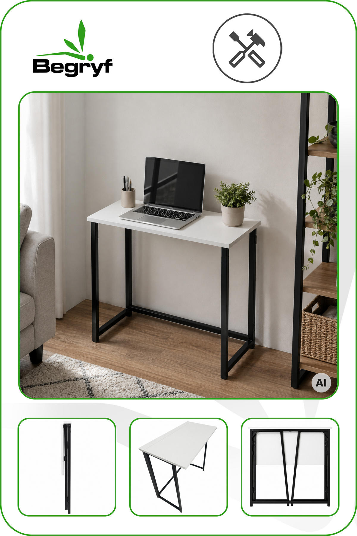 KLAPPSCHREIBTISCH MDF Metall Weiß Schwarz 80 x 40 x 74 cm platzsparend - Schwarz/Weiß, Holzwerkstoff/Metall (40/80/74cm) - Begryf