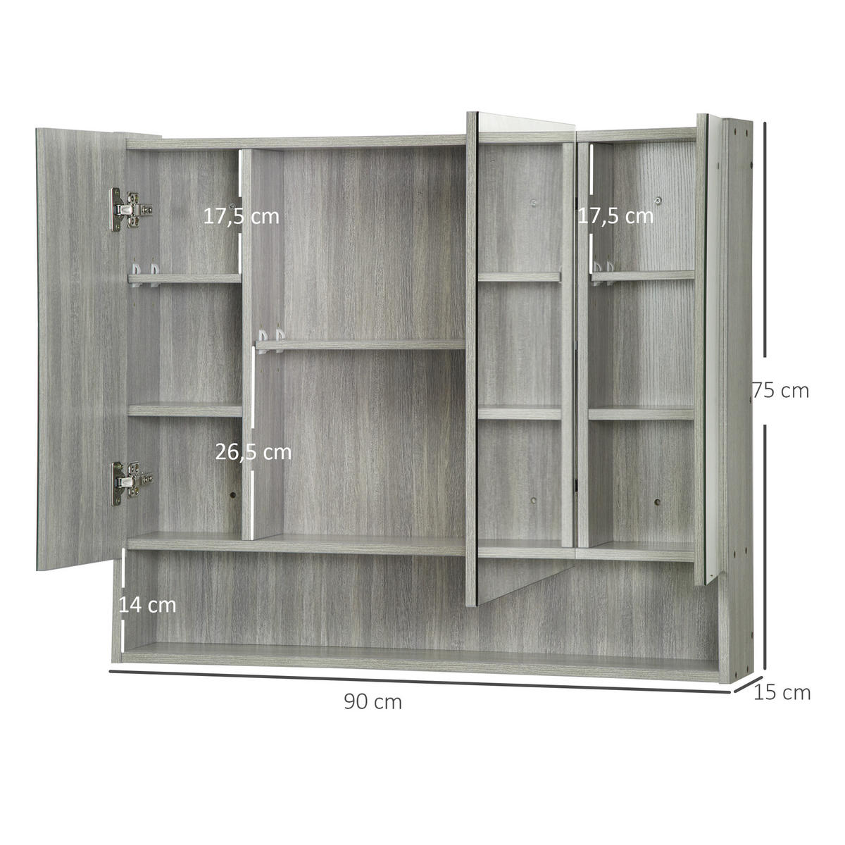 SPIEGELSCHRANK, 3-türiger Spiegelschrank, verstellbare Einlegeböden, 90 x 15 x 75 cm ,grau - Grau, Glas (90/75/15cm) - Vallsero