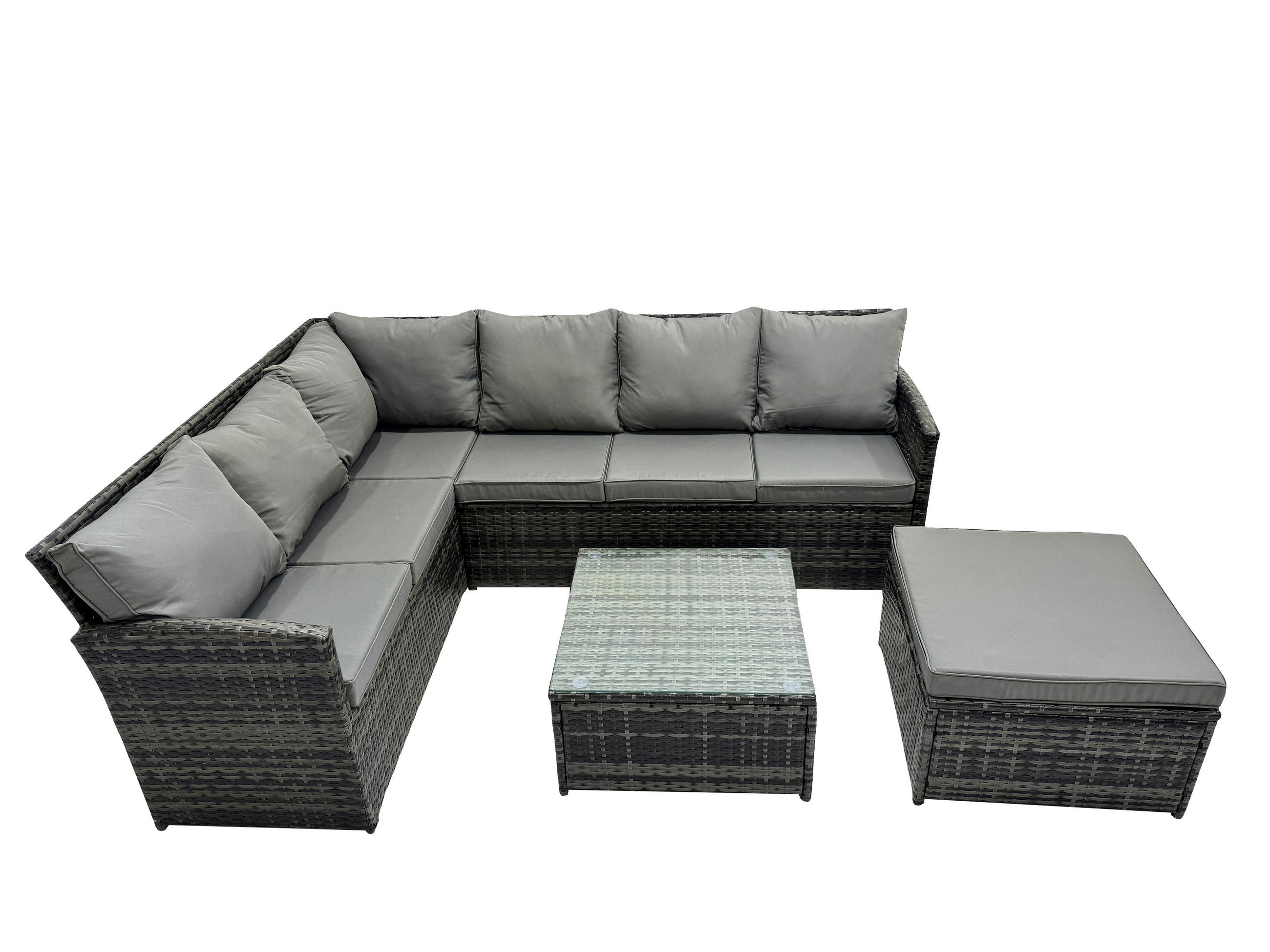 GARTENGARNITUR mit Ecksof,Couchtisch,Fußhocker Polyrattan Dunkelgrau 7-Sitzer - Dunkelgrau/Grau, Glas/Kunststoff - Fimous