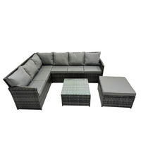 GARTENGARNITUR mit Ecksof,Couchtisch,Fußhocker Polyrattan Dunkelgrau 7-Sitzer - Dunkelgrau/Grau, Glas/Kunststoff - Fimous