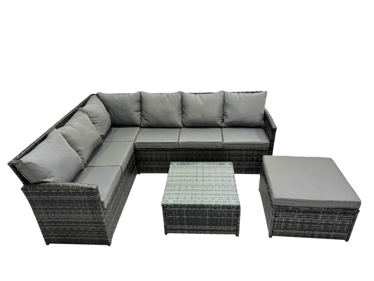 GARTENGARNITUR mit Ecksof,Couchtisch,Fußhocker Polyrattan Dunkelgrau 7-Sitzer - Dunkelgrau/Grau, Glas/Kunststoff - Fimous