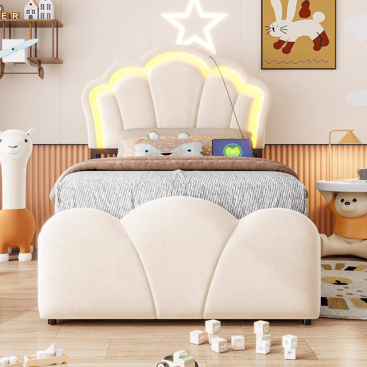 POLSTERBETT 90/200 cm aus Samt mit LED und Stauraum, Beige - Beige, Textil (90/200cm) - OKMYHOME