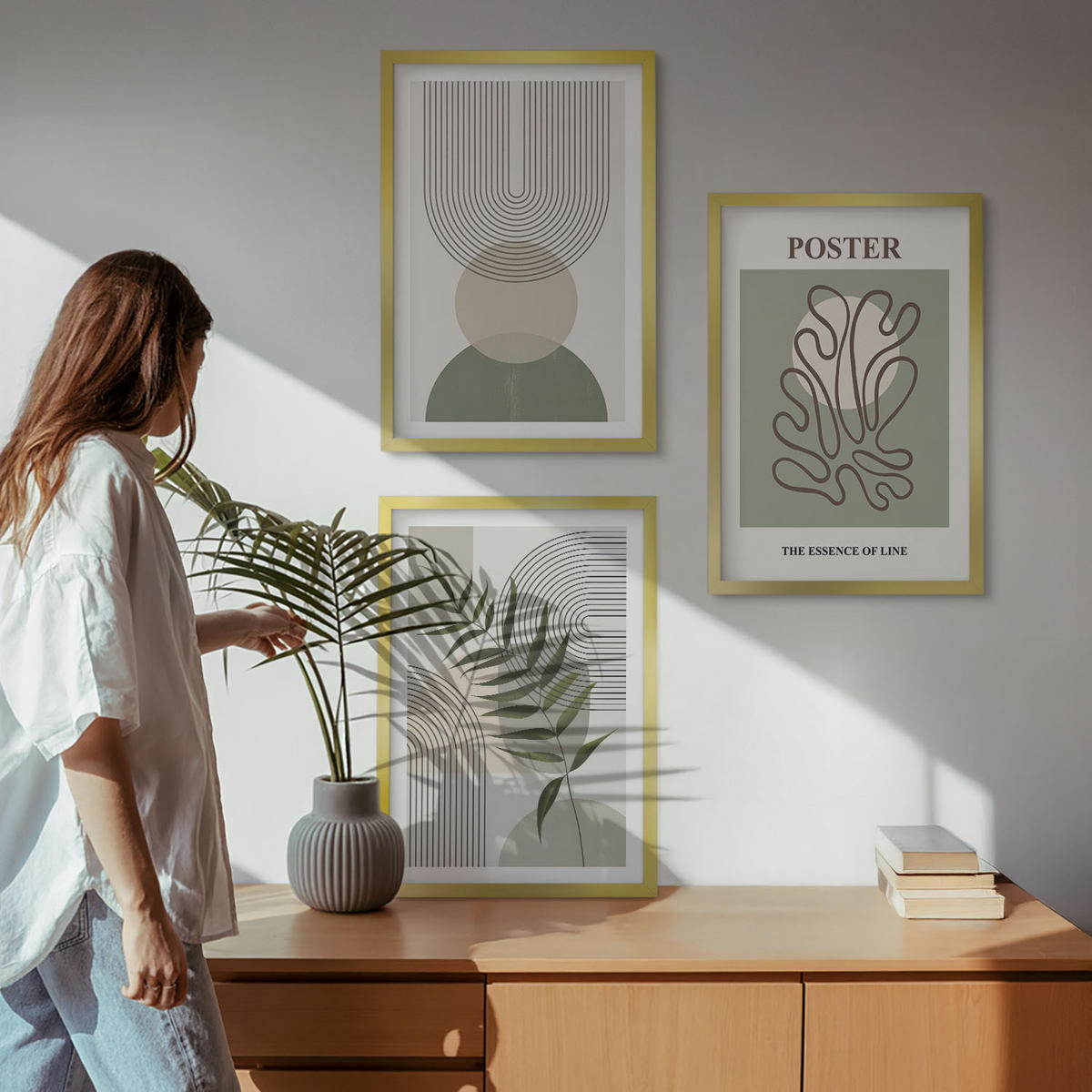 BILDER SET 3er Set - 40x60 cm Goldrahmen - Geometrische botanische Muster - Goldfarben, Kunststoff (40/60cm) - TULUP