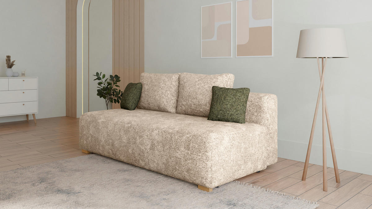 SCHLAFSOFA - Polstersofa aus Bouclé - Beige (Arena 2 + Arena 12 Kissen) - Beige/Grün, Holzwerkstoff (200/90/100cm) - Möblo